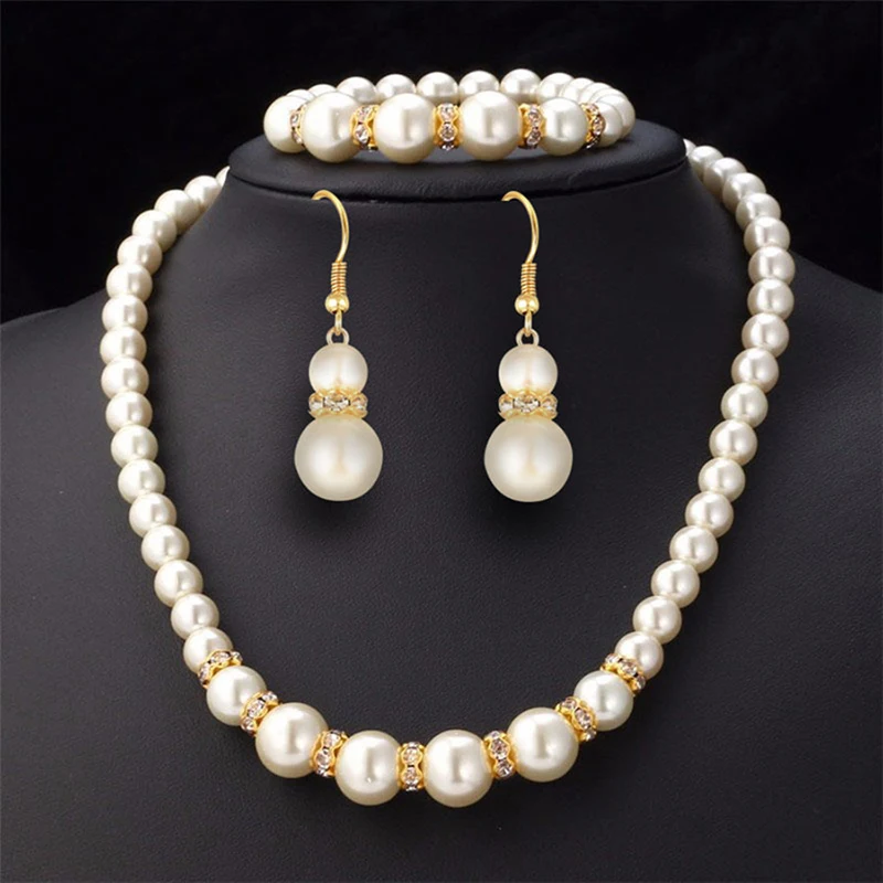 Heißer Verkauf Set Elegante Simulierte Perle Halskette Ohrringe Armband Frauen Braut Hochzeit Schmuck Geschenk Image