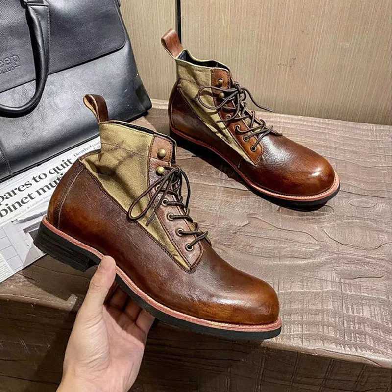 Neue Braun Stiefel für Männer Schwarz Business Handgemachten männer Kurze Stiefel Runde Kappe Slip-On Ankle Stiefel Motorrad stiefel Kampf Stiefel Image