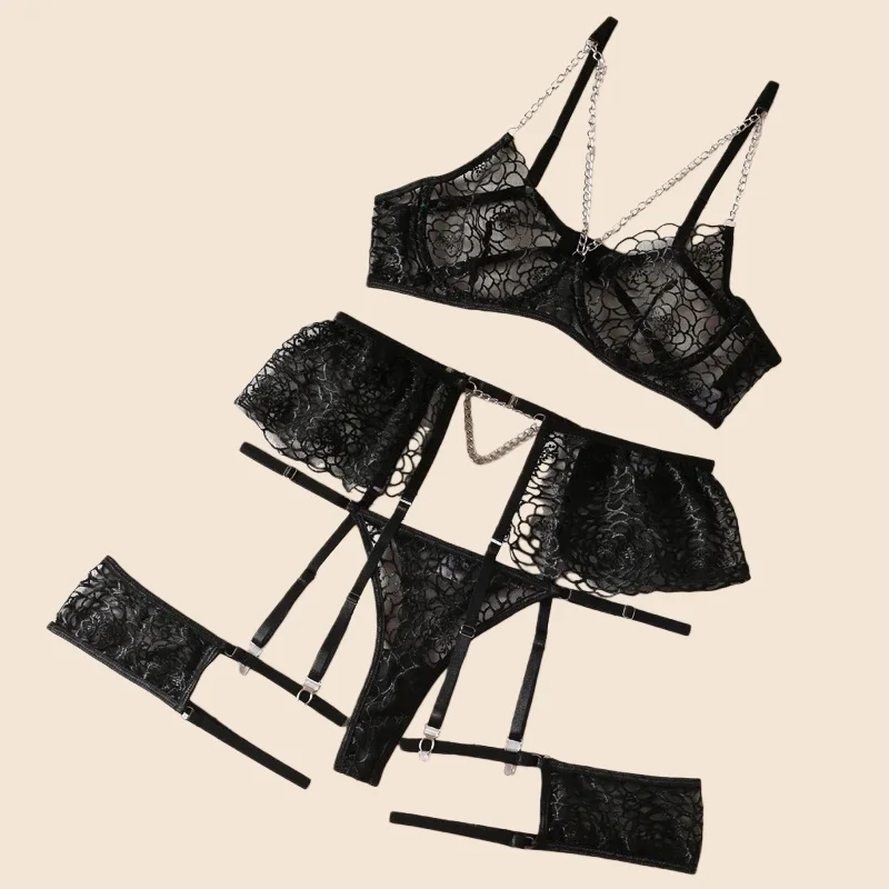 Yimunnancy 3-teiliges Stickerei-Dessous-Set für Damen, Blumenkette, verziert mit Feen-Erotik-Set, kurzes sexy Unterwäsche-Set