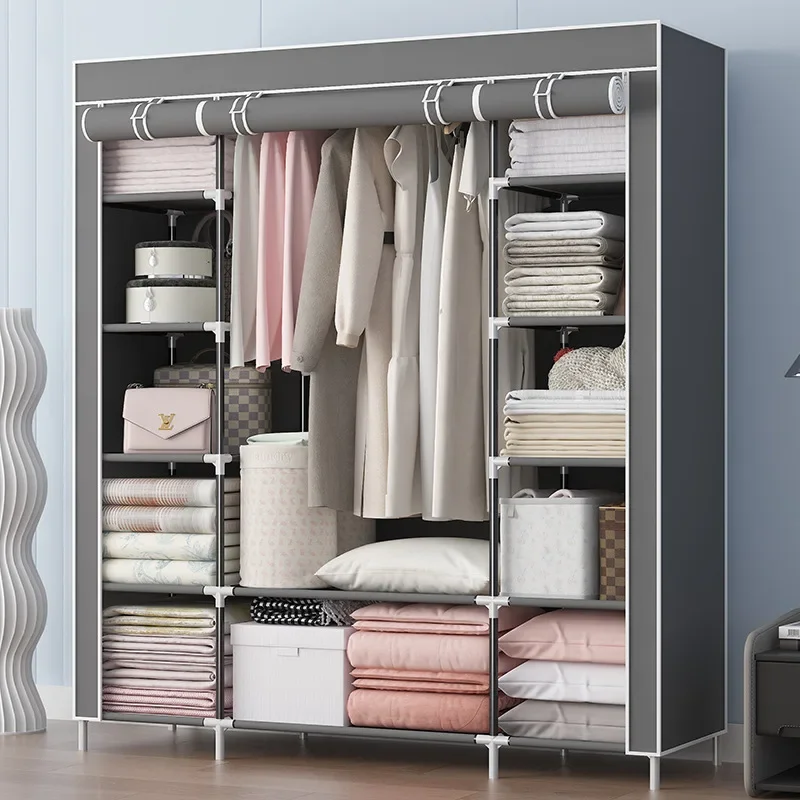 Einfacher Kleiderschrank mit Kleiderbügeln, einfacher und leichter, staubdichter Kleiderschrank-Aufbewahrungsschrank