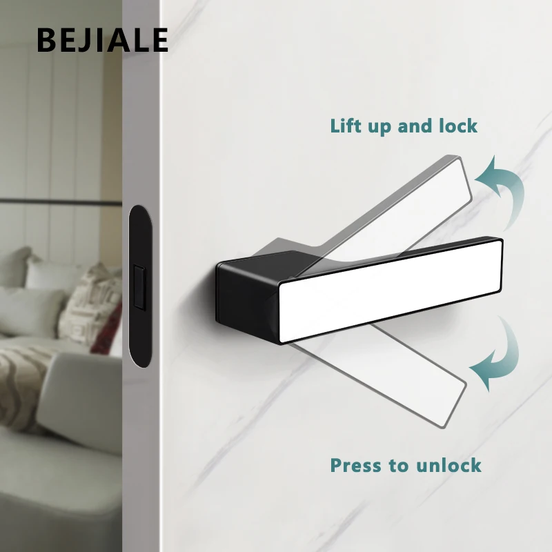 Einseitig unsichtbares Türschloss minimalist isch schwarz verdecktes Türschloss versteckte Tür einseitig weißes Türschloss anheben und verriegeln Image