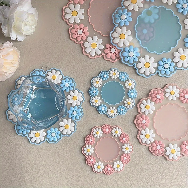 1 Stück Hochtemperaturbeständiger und wärmeisolierender Untersetzer, wasserdichter weicher Silikon-Untersetzer, florale wärmeisolierende Matte Image