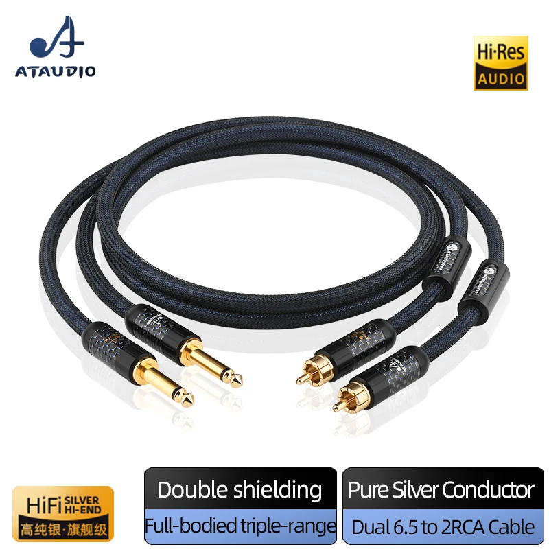 ATAUDIO HiFi Dual 6,5 auf 2RCA Kabel Hochwertiges reines Silber Dual 1/4 Zoll TS Stecker auf Dual RCA Stecker Audiokabel für TV-Lautsprecher Image