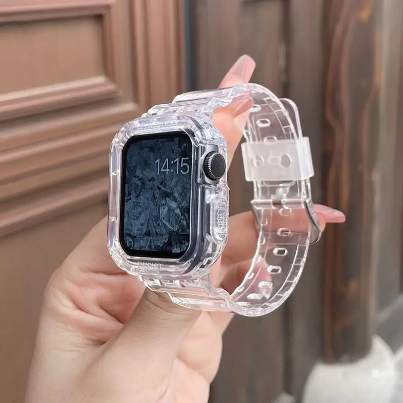 Transparentes Band + Hülle für Apple Watch Serie 7 8 9 41 mm 45 mm 5 4 3 2 40 mm 44 mm 38 mm 42 mm transparentes Armband für IWatch Ultra 2 1 49 mm Image