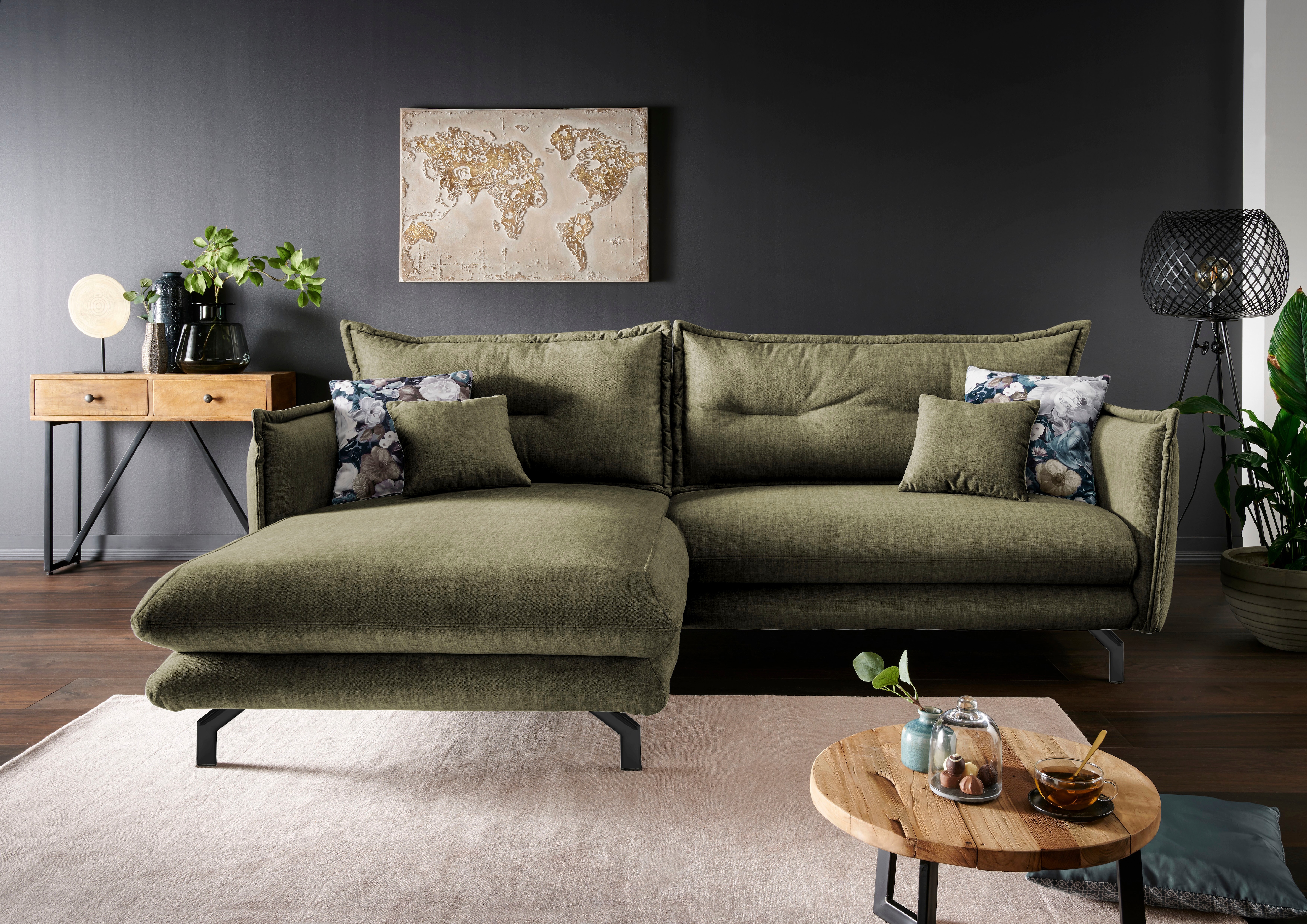 Ecksofa HOME AFFAIRE "LAVA Breite 255 cm, modern und elegant, aktuelle Kissenoptik, L-Form", grün, türkis, B:255cm H:94cm T:180cm, Sofas, Ecksofa, Armlehnen verstellbar