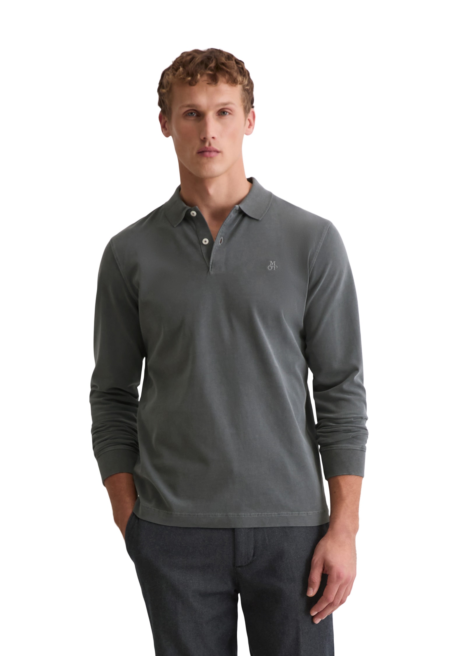 Langarm-Poloshirt MARC O'POLO "aus soft-touch Bio-Baumwoll-Jersey", Herren, Gr. L, light graphite, Obermaterial: 100% Baumwolle, unifarben, regular fit, Shirts