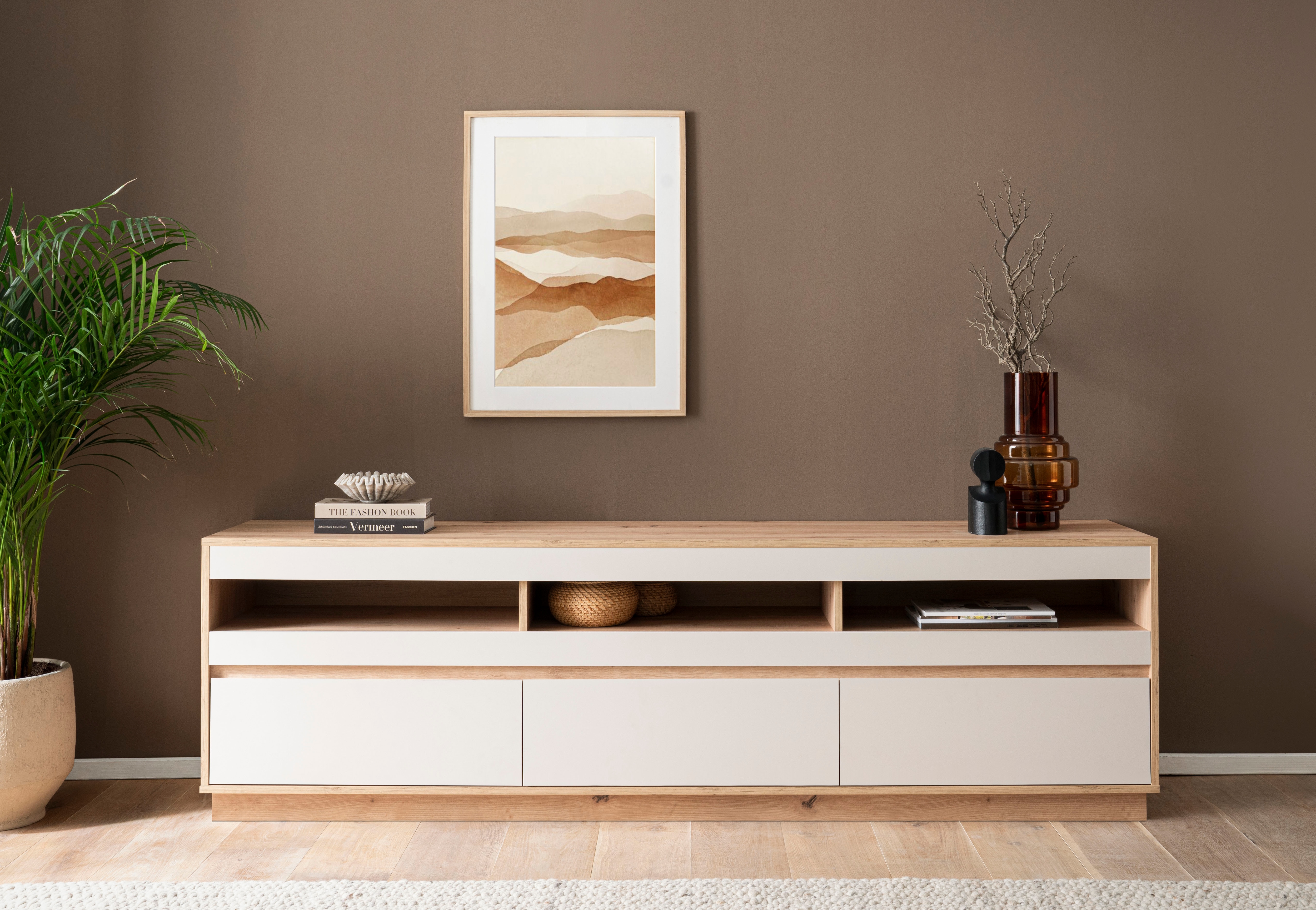 Lowboard HOME AFFAIRE "Sonora, moderner TV-Unterschrank, Kommode in Eiche Artisan, TV-Schrank", kaschmir, eiche artisan, B:202cm H:60cm T:45cm, FSC-zertifizierter Holzwerkstoff, Sideboards, Lowboard, filigrane Rahmenoptik, ausreichend Stauraum,...