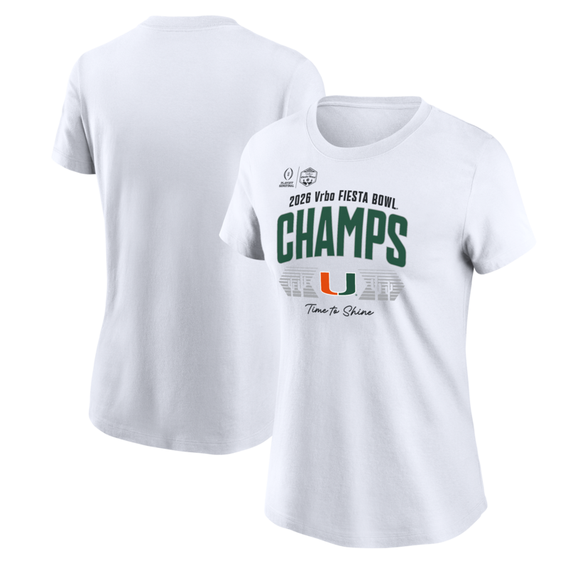 Weißes Damen-T-Shirt der Miami Hurricanes für die College-Football-Playoffs 2026, Fiesta Bowl Champions, aus der Umkleidekabine Image