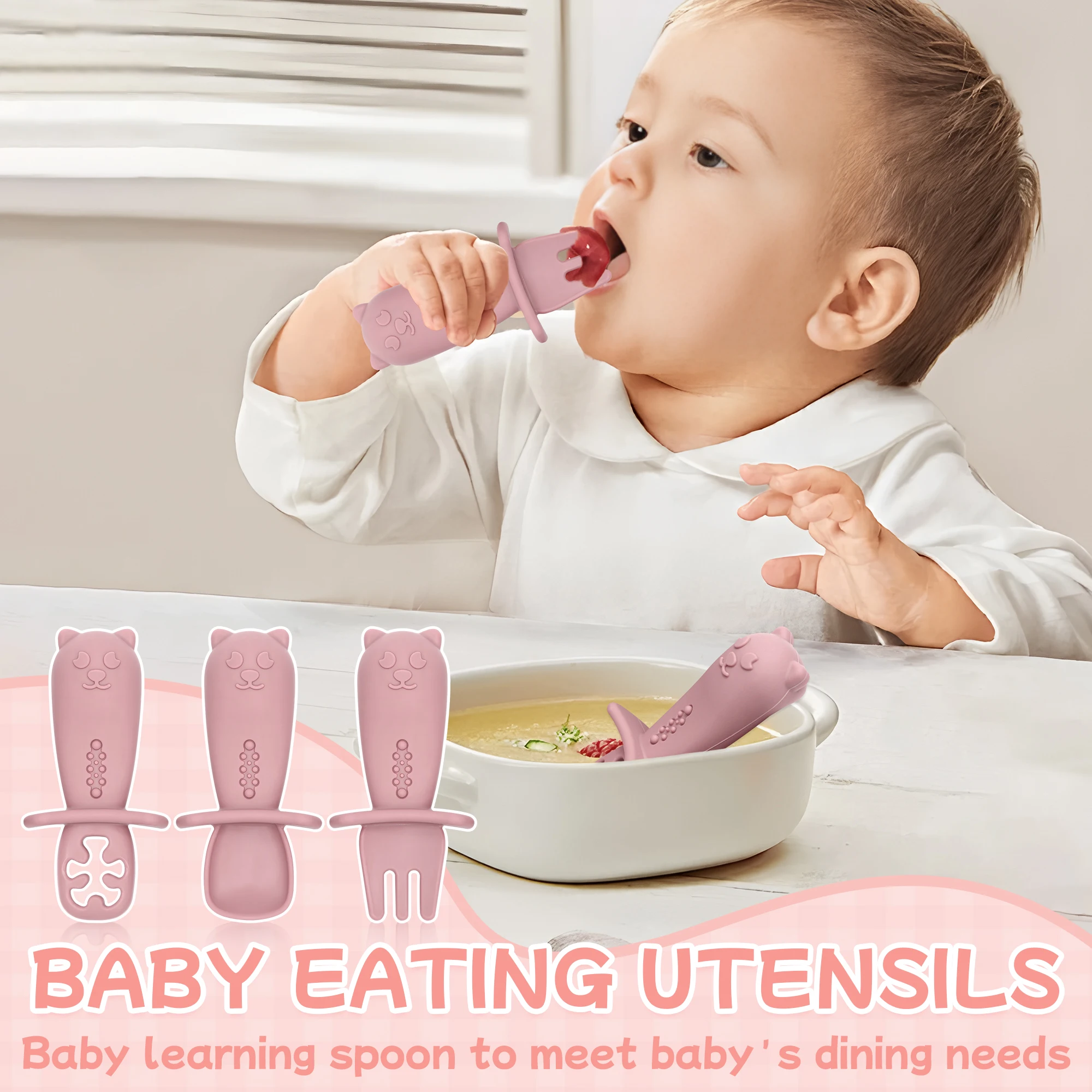 3-teiliges Silikon-Babylöffel-Set, Fütterungszubehör für Babys in der ersten Stufe zum Selbsternährung, mit Anti-Erstickungs-Design. Image