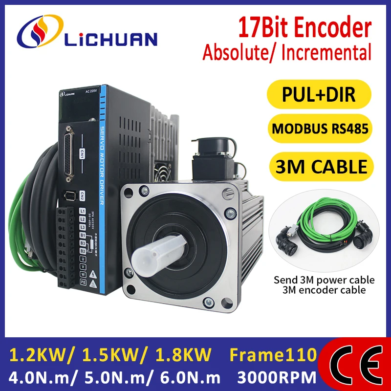 Lichuan Heißer Verkauf 220 V 3000 RPM IP65 5A/6A 1,2 KW 1,5 KW 1,8 KW AC Servo Treiber Motor Kit 4N.m/5N.m/6N.m AC Servo Motor Treiber Kit Image