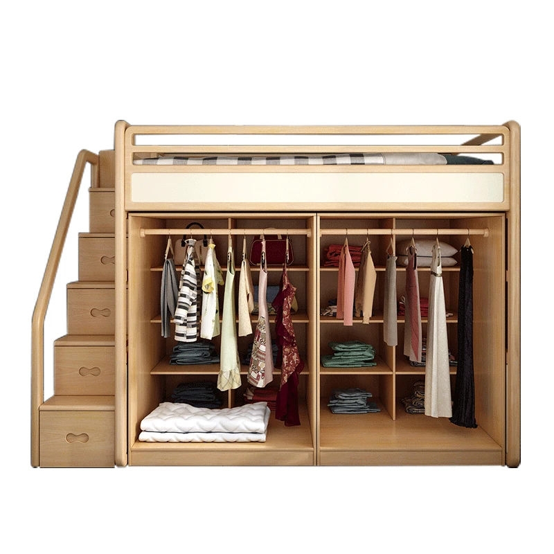 Postmodernes Massivholzbett, multifunktionales Bett mit Kleiderschrank, hohe und niedrige Bettschränke unter Image