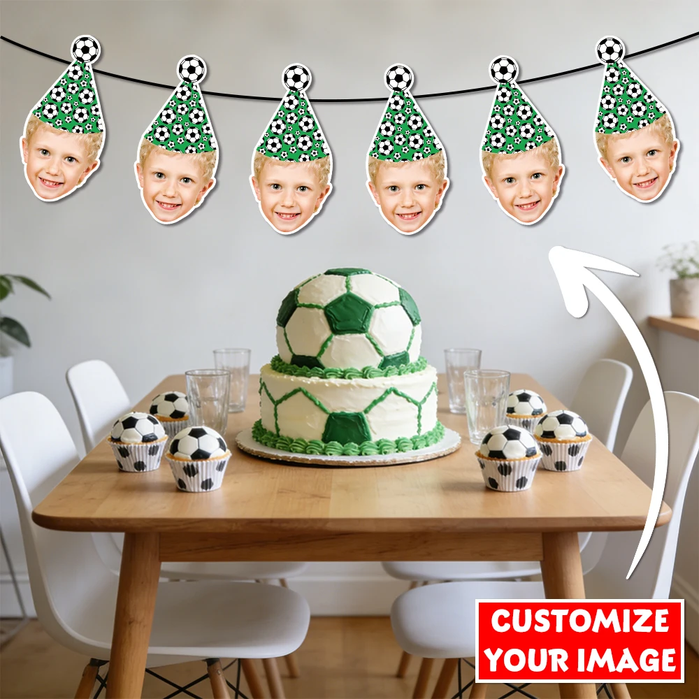 Benutzerdefinierte Fußball Party Gesicht Foto Banner Hängende Girlande Sport Fußball Mottoparty Dekorationen Kinder alles Gute zum Geburtstag Partyzubehör Image