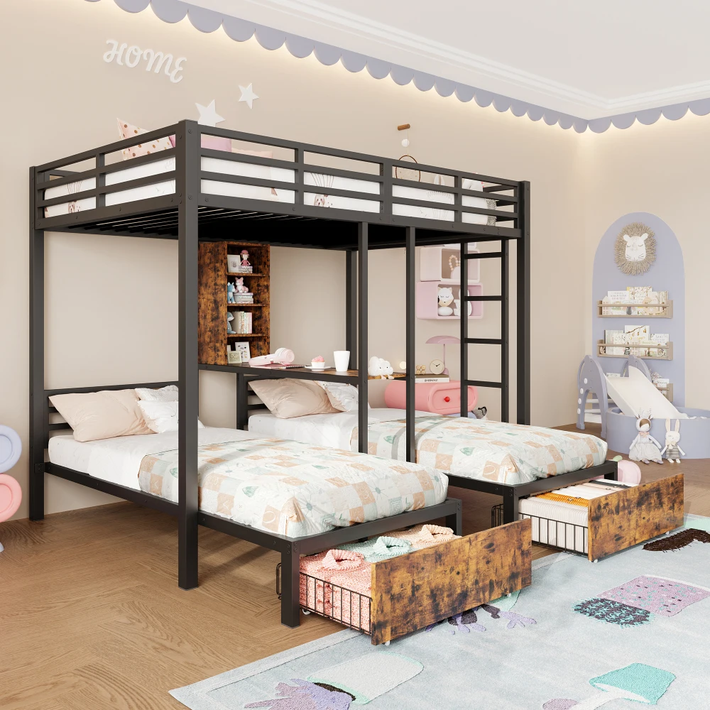 Etagenbett, 140 x 200 cm + 90 x 200 cm, 3 Betten, mit Seitengittern, mit Ablagefächern, 2 Schubladen, Regale, ohne Matratze Image