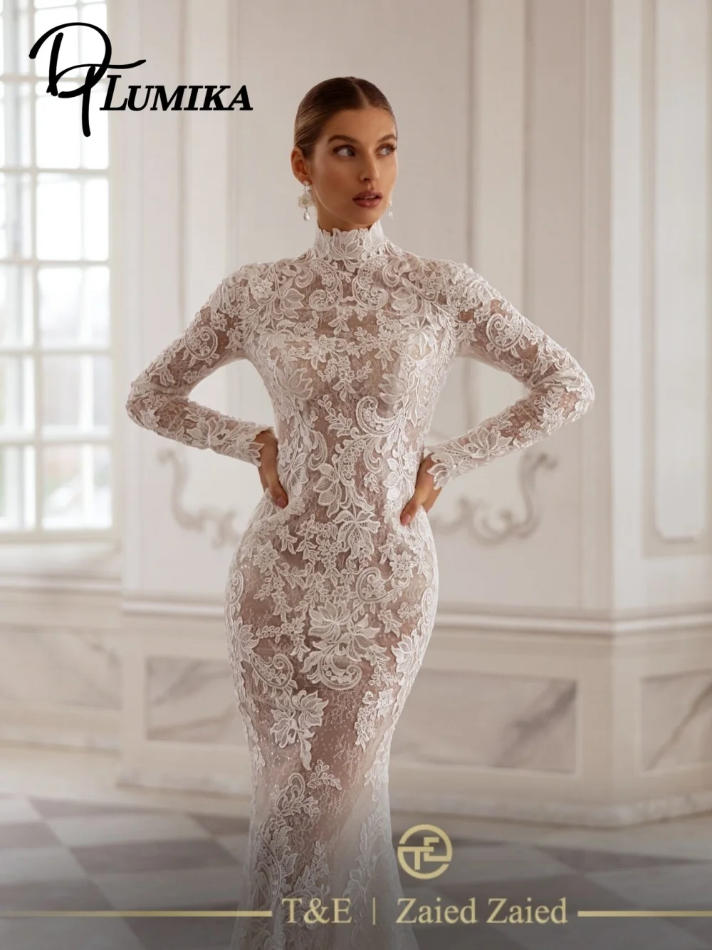Sexy Spitzen-Hochzeitskleid mit Rundhalsausschnitt, elegantes, langärmliges Brautkleid, modische Spitzenapplikation, bodenlang, individuell gestaltet Image
