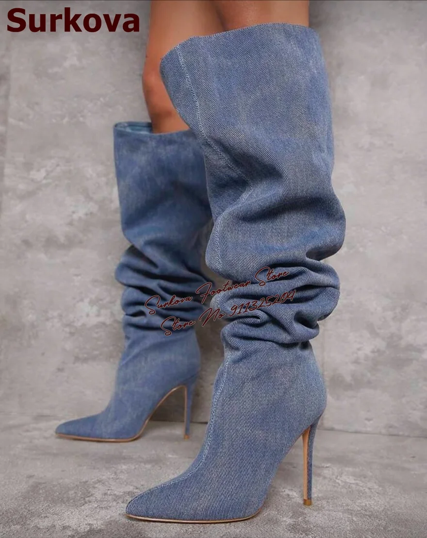 Surkova Blue Denim Gefaltete Slouchy Stiefel Stiletto Heels Spitzschuh Plissee Lange Stiefel Herbst Winter Kleid Schuhe Elegante Schuhe
