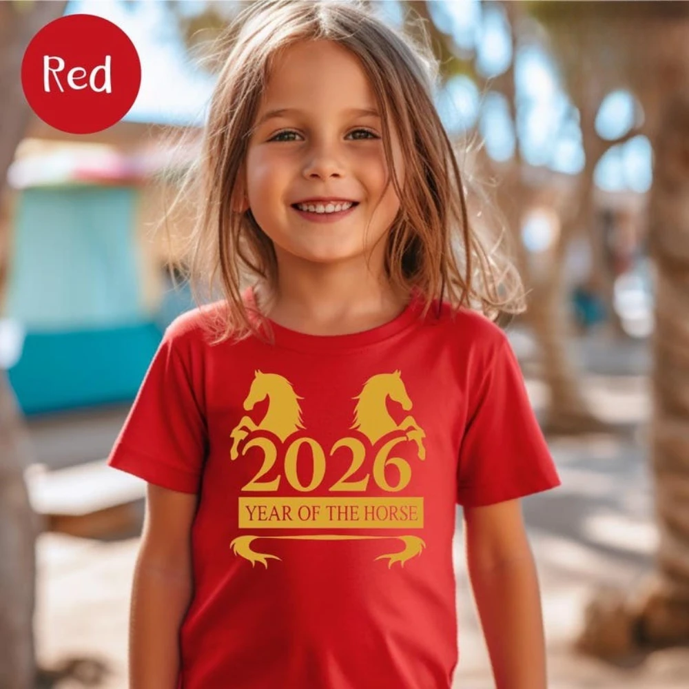Chinesisches Neujahr 2026 Casual T-Shirt Jahr des Pferdes Kinder T-Shirt Lunar Zodiac Jungen und Mädchen Festival Kostüme Kreatives Design Top