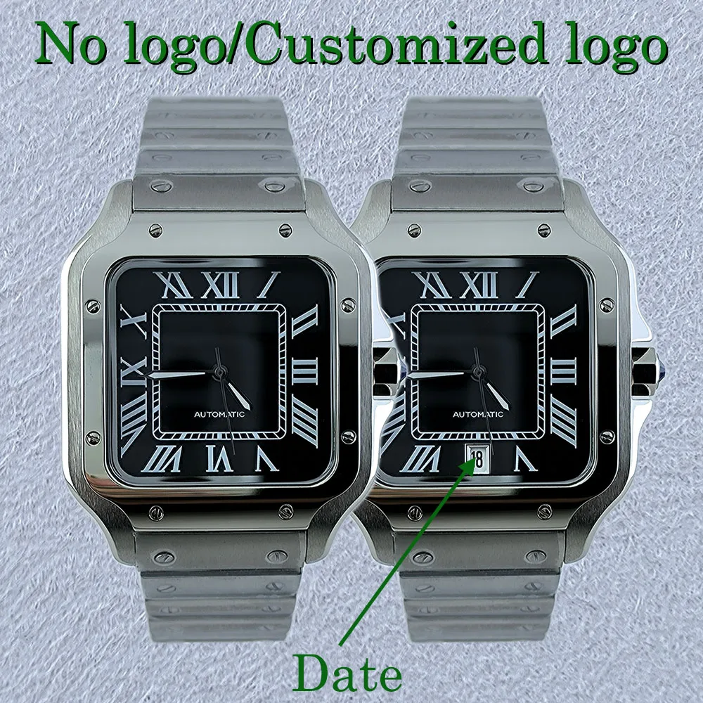 NH35 Quadratische Uhr Herren Automatikuhr Roma Schwarzes Zifferblatt Gehäuse Faltschließe Armband NH35 NH36 Uhrwerk Datum bei 6 Uhr Image