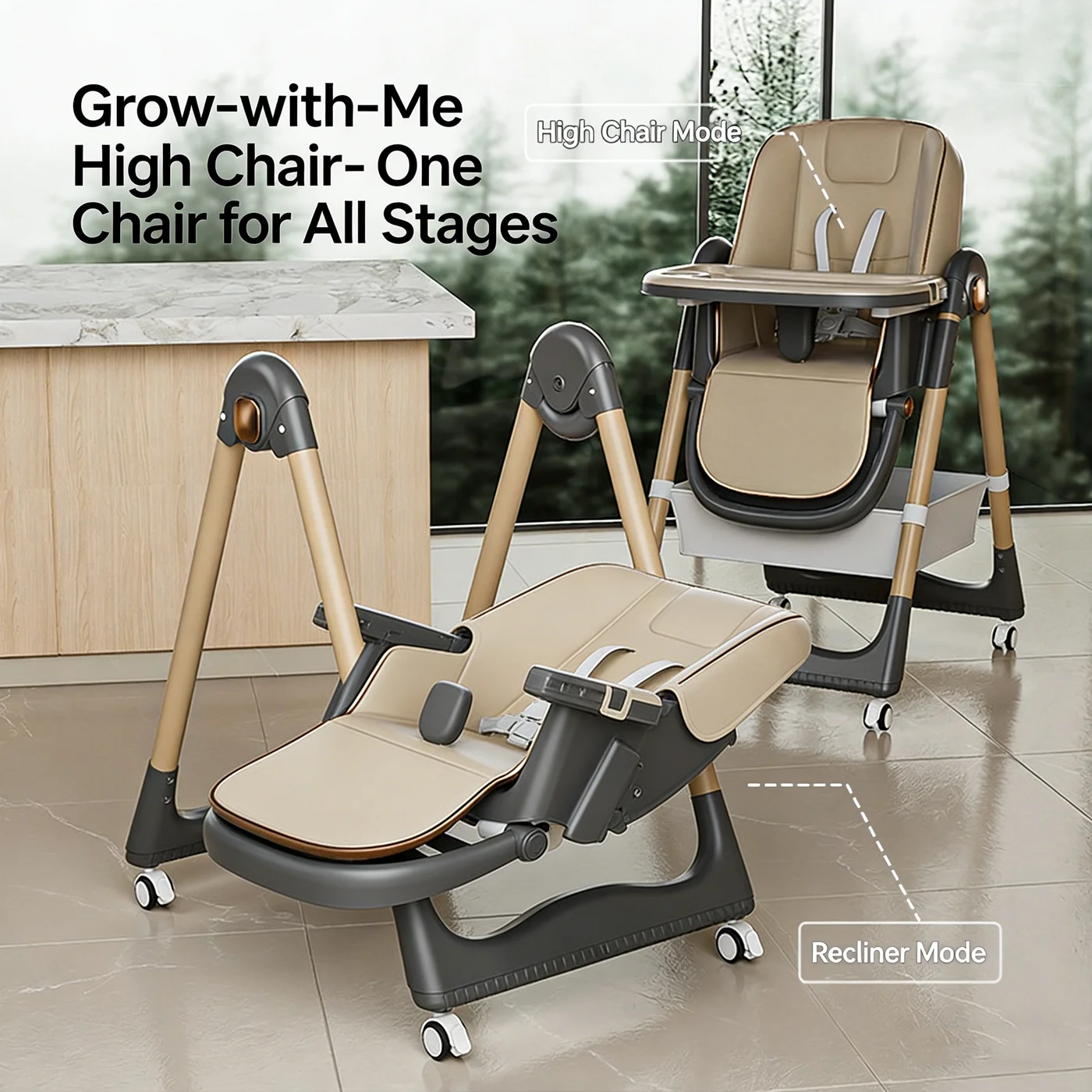Hochstühle für Babys und Kleinkinder, klappbarer Hochstuhl mit feststellbaren Rädern, 4-in-1 umwandelbar, verstellbarer Liegesitz Image