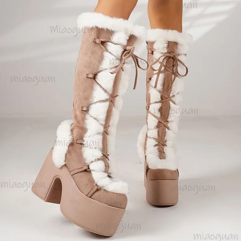 Plateau-Pelzstiefel für Damen, Gothic-Stil, Herbst-Winter, Khaki, kniehohe Stiefel, klobiger Absatz, Punk-Schuhe, Damenmode, Größe 36–43