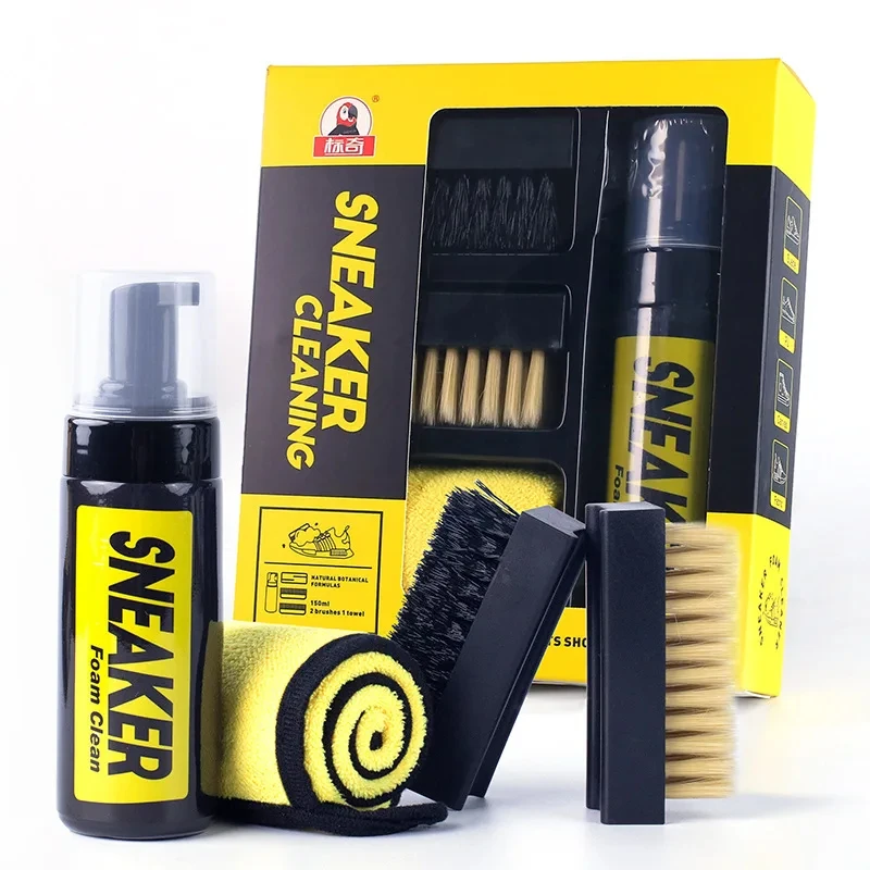 3-in-1-Schuhreiniger, hochwertiges, wasserfreies Schaumstoff-Sneaker-Bürsten-Handtuch-Set, Schuhe, Arbeit auf weißen Wildlederstiefeln, 150 ml, Trockenreinigungsset Image