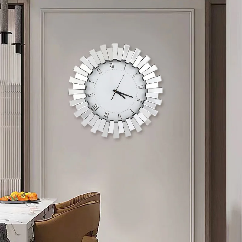 Große Wanduhr 3D verspiegelte Uhren Sunburst Edge 32"/80CM runde römische Ziffer moderne Wohnzimmer Esszimmer Kamin Dekor