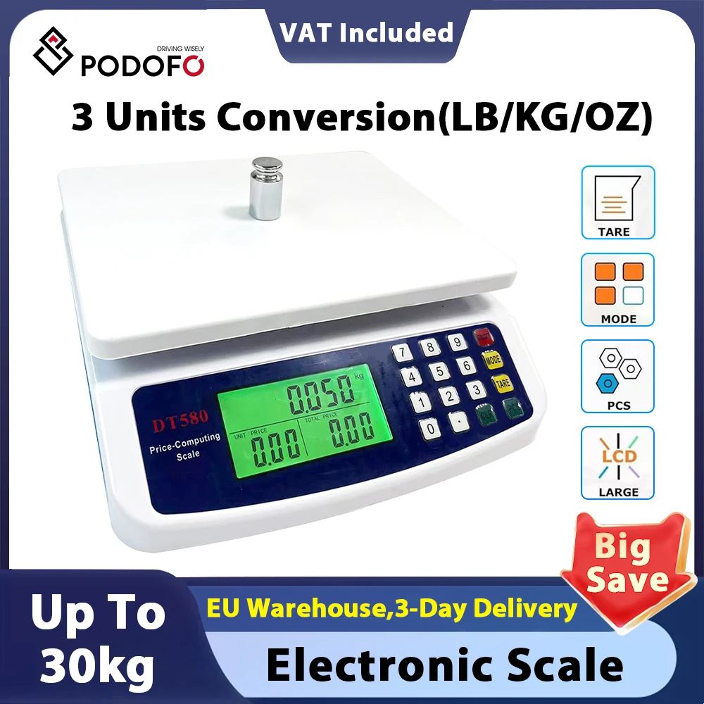 Podofo 30 kg Präzisions-LCD-Digitalwaage, elektronische Waage, Waage aus Kunststoff, Genauigkeit, Gewichtsbalance, Lebensmittelwaage Image