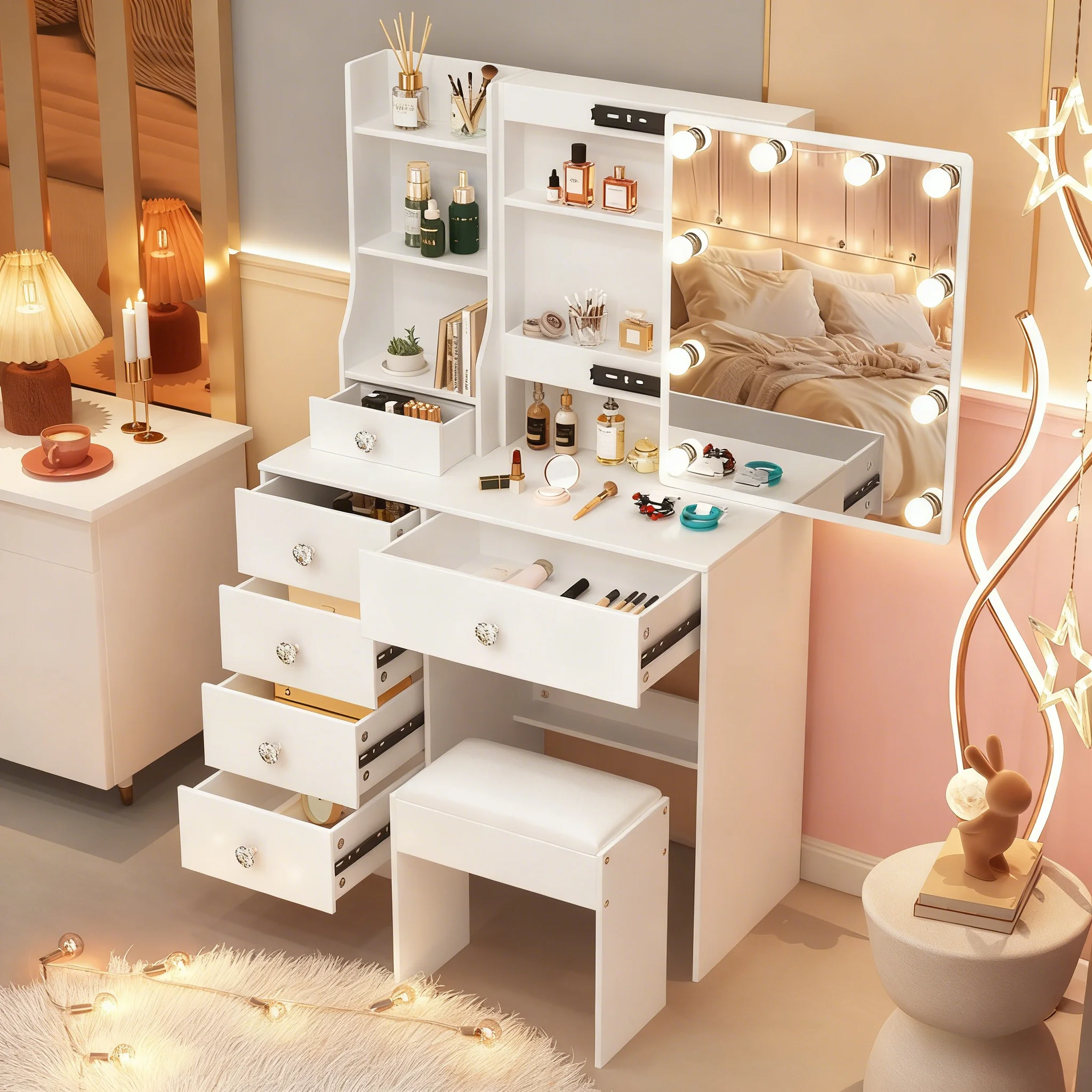 Weißer Schminktisch mit LED-Spiegel und Hocker-Set, 6-Schubladen, Schlafzimmer, Hollywood-Make-up-Schminktisch für Frauen mit großer Schublade