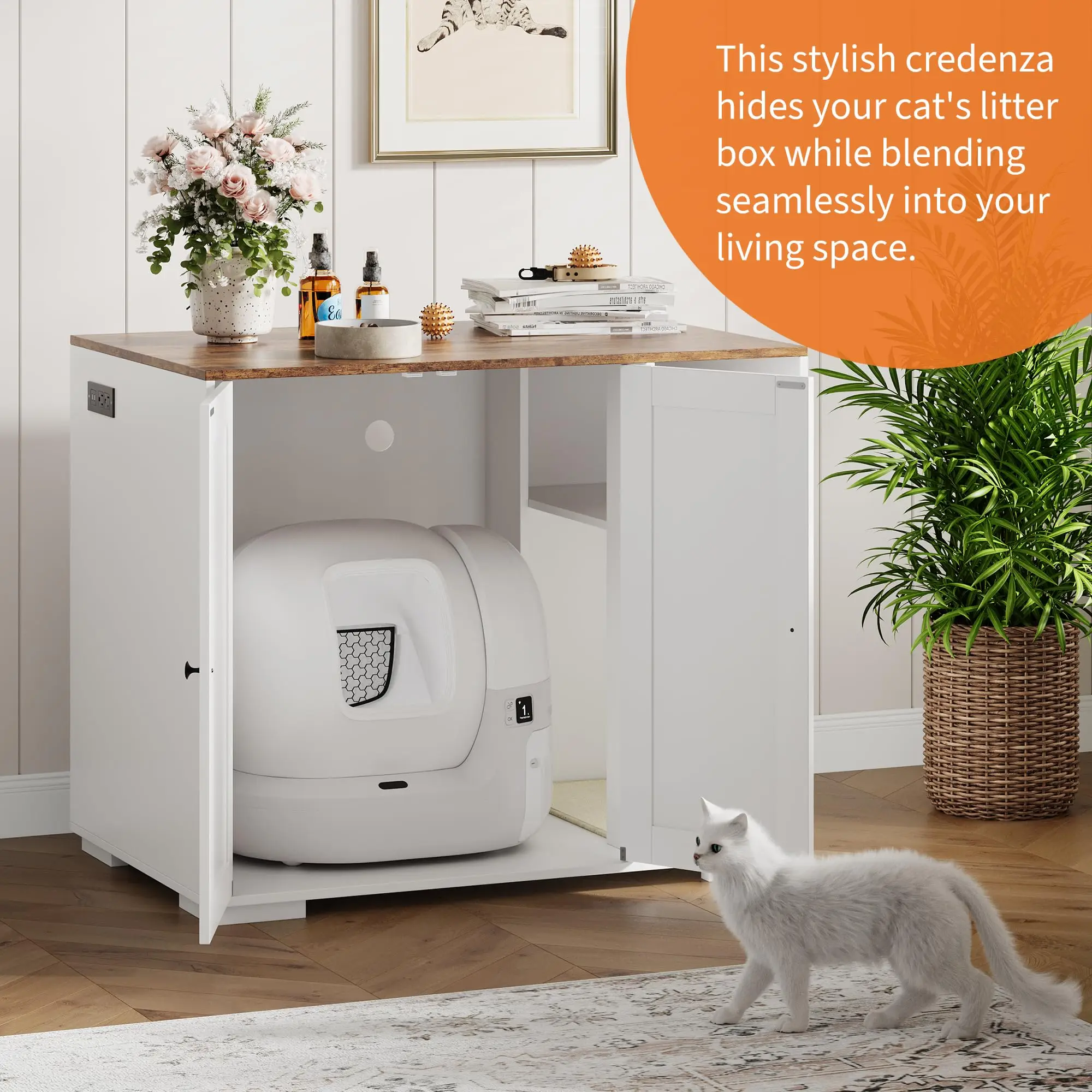 Cat Litter Enclosure For Litter Robot 3/4 Automatic Litter Box Dog-Proof Shelf Power Outlet Litter Collector Easy Assembly