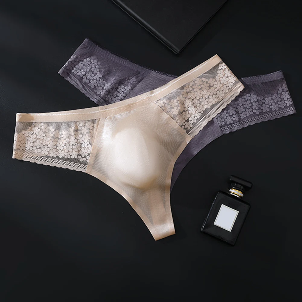 Männer Sexy Spitze Dünne Nahtlose T-Zurück Eis Seide G-String Unterwäsche Für Mann Ausbuchtung Beutel Solide Thongs Unisex höschen Männer der Kleidung Image