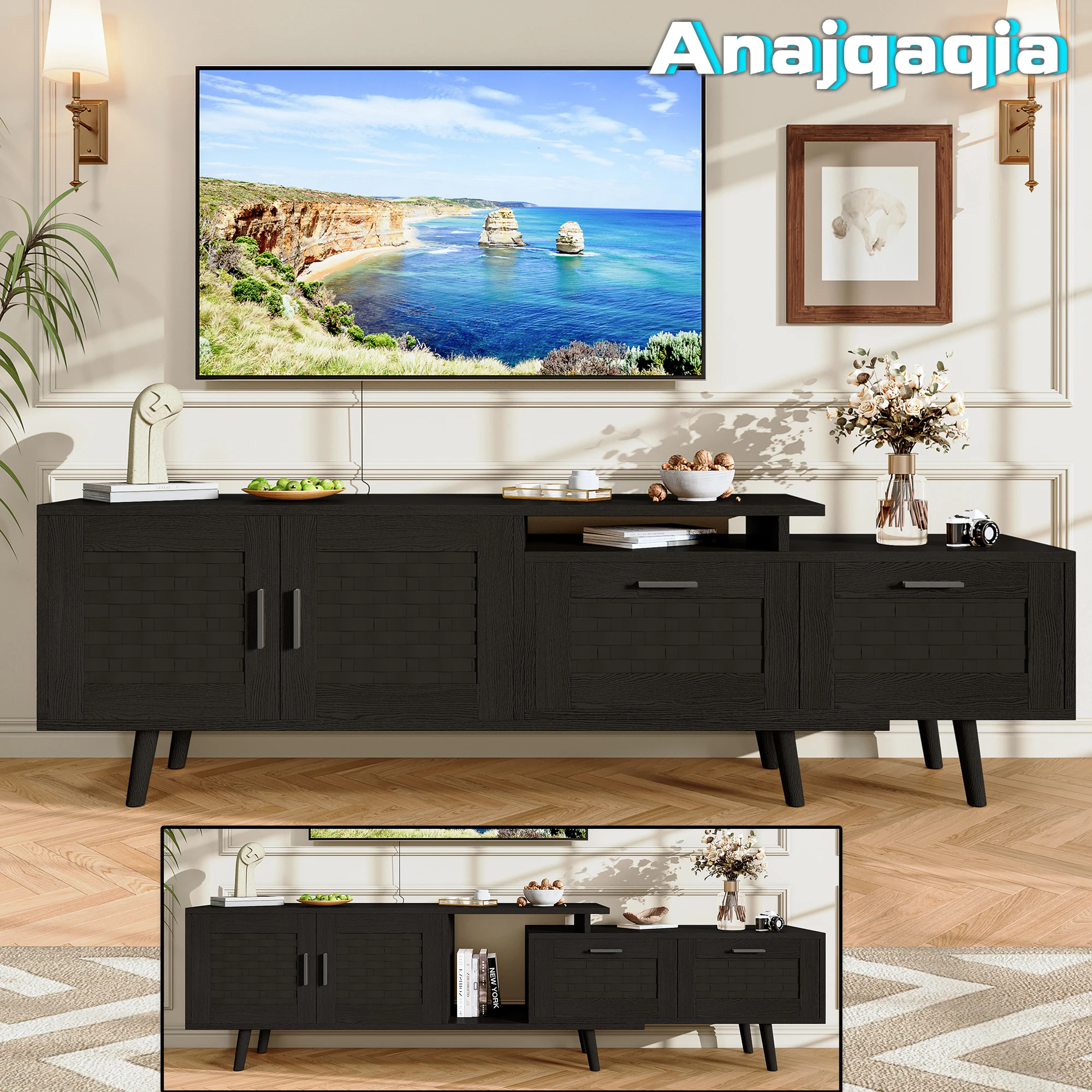 Anajqaqia 146–180 cm ausziehbarer TV-Schrank, TV-Tisch mit 2 Schubladen und 2 Rattantüren, TV-Lowboard, TV-Tafel, für Wohnzimmer, Schlafzimmer