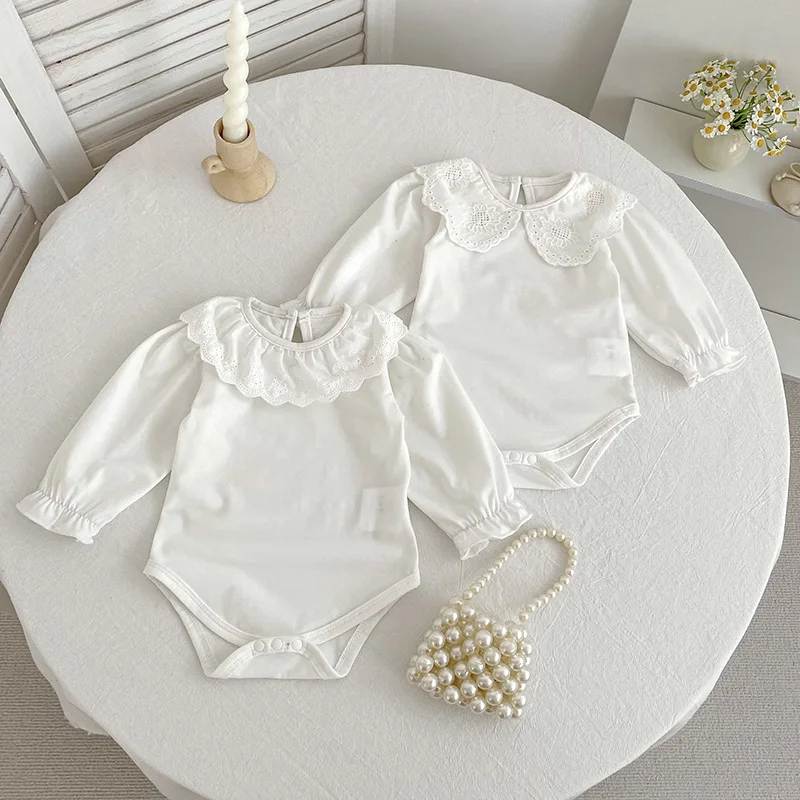 Infant Grundlegende Layering Windeln Onesie Neugeborene Mädchen Frühling Spitze Kragen Body 0-2Y Baby Hals Körper Baumwolle Langarm Strampler Image