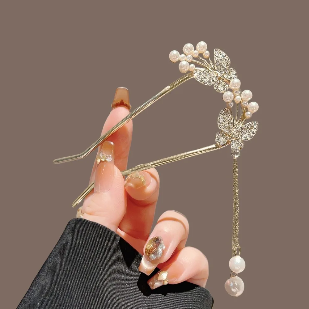 Gold Haarnadel Perlen Strass Schmetterlinge Quaste Anhänger Elegantes Design Vintage Chinesische besondere Anlässe Statement Accessoire Image