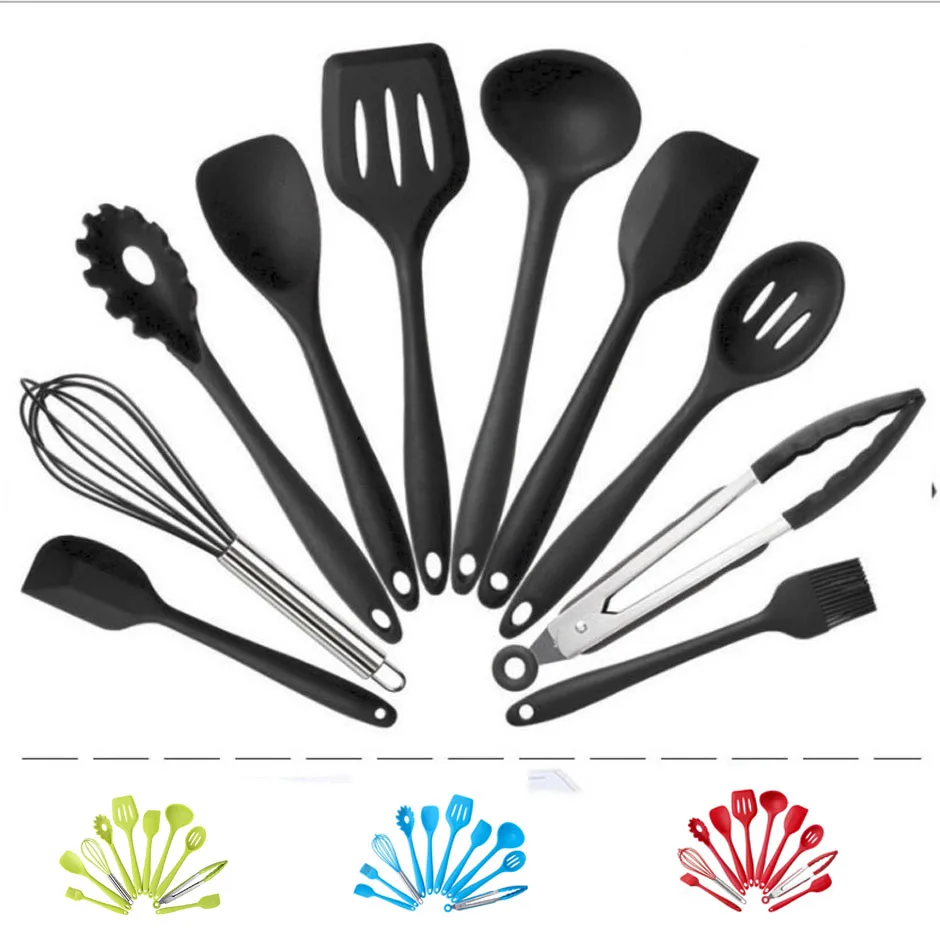 Ensemble d'ustensiles de cuisine antiadhésifs en Silicone, 4 couleurs, ustensile de cuisine, brosse de cuisine, pelle à frire, boîte à œufs, 10 pièces