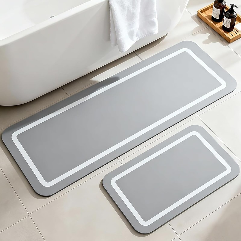 Soft Diatomaceous Earth Bath Mat, Quick Dry Bathroom Mats Gray Super Absorbent Bath Mat Set, Washable Non Slip Bathroom Rugs, Stone Bath Mats Alternative