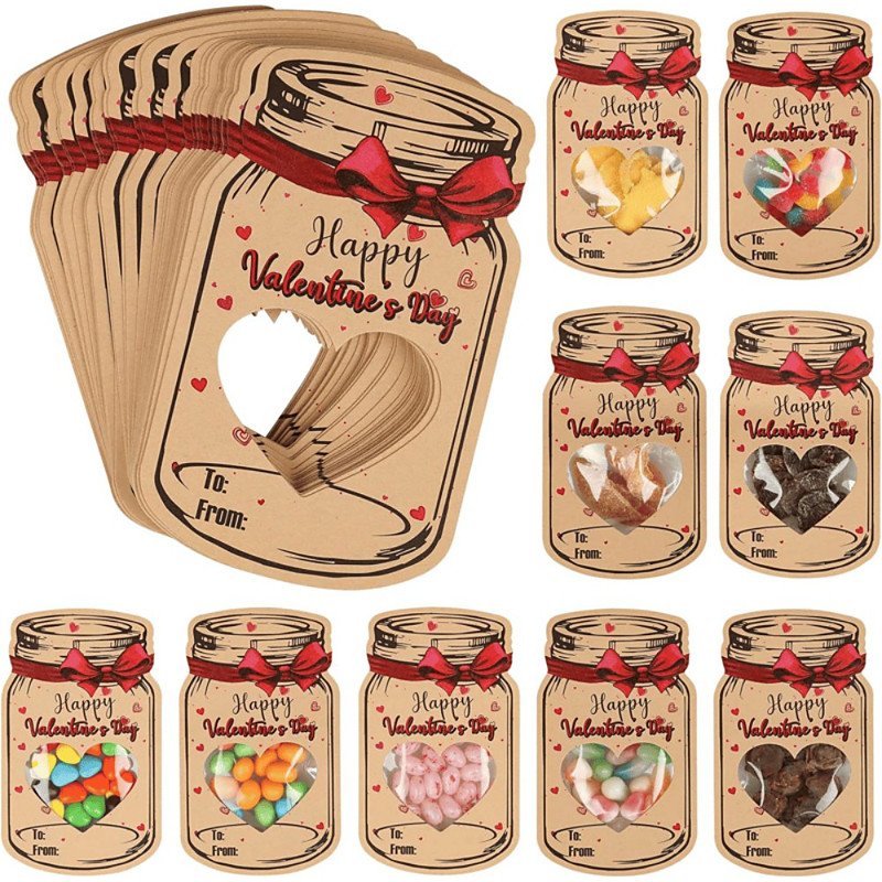 60 Pack Valentines Day Cards for Kids Mason Jar Valentine Exchange Cards with Treat Bags, Fun Classroom Valentines for Boys Girls School Parties (Candy Not Included)