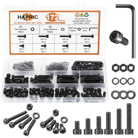 CERPXFF-172 Pcs M6 Screws Assortment Kit M6x 8/10/12/16/20/25/30/35mm M6 Bolts Kit 12.9 Alloy Steel Nuts and Bolts Assortment Kit Black Zinc Plated Hex Socket Head Screws Nuts Bolts and Washers Set