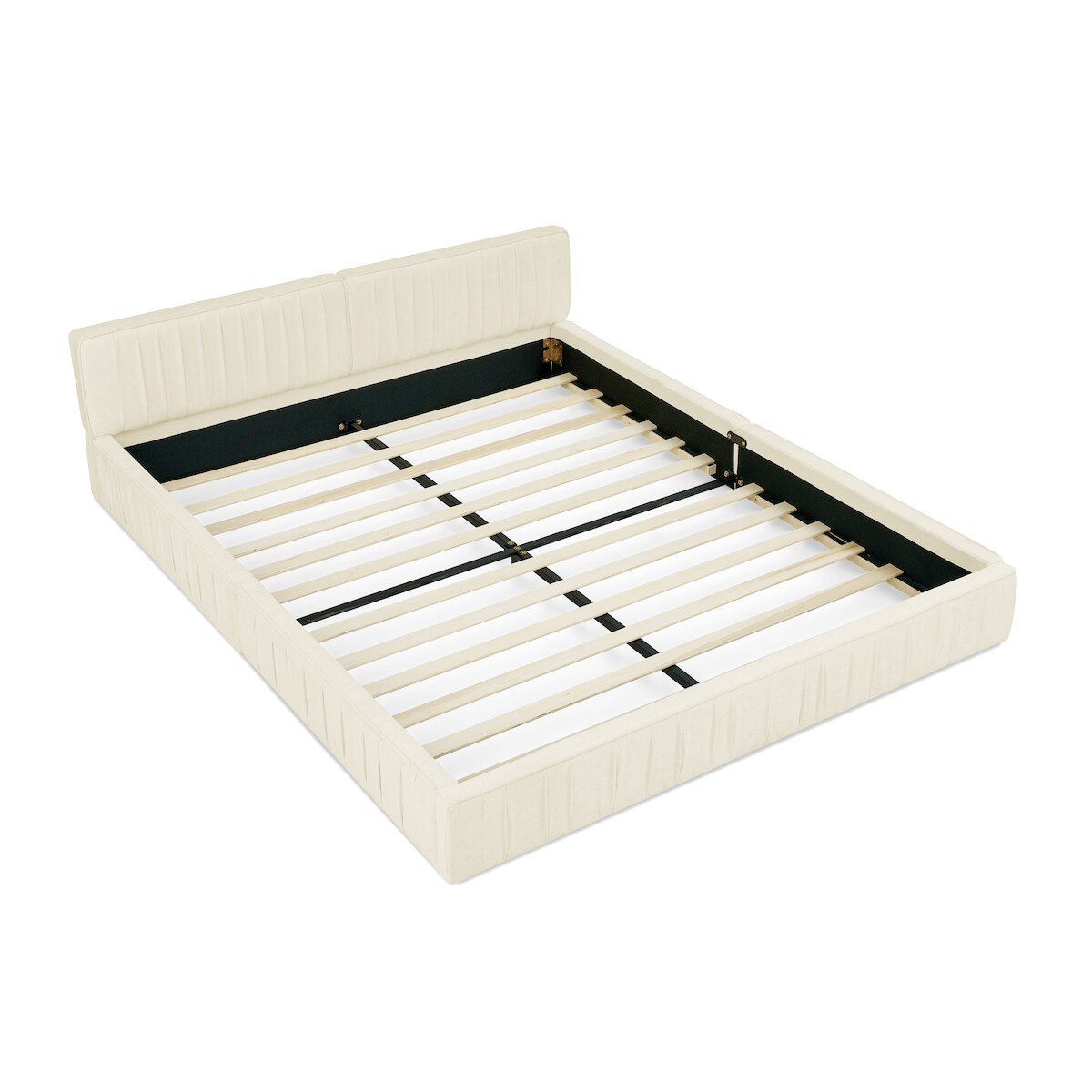 MODFU Doppelbett 160x200 cm aus ökologischem Eukalyptusholz mit Chenille-Bezug in Beige – stabiler Eisenrahmen Image