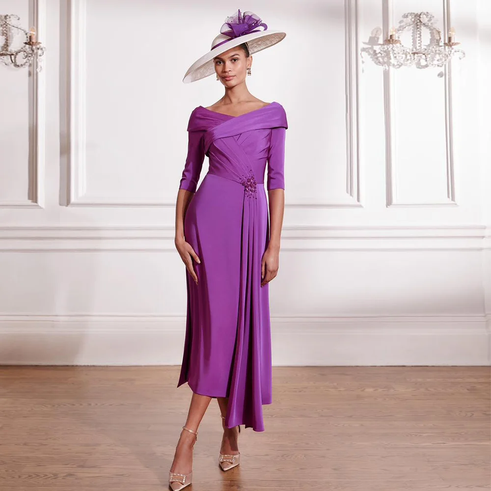 Column Wedding Guest Dresses for Women Midi V Neck Beading Elegant Mother of the Bride Dress Tea Length 3/4 Sleeves Party Gowns