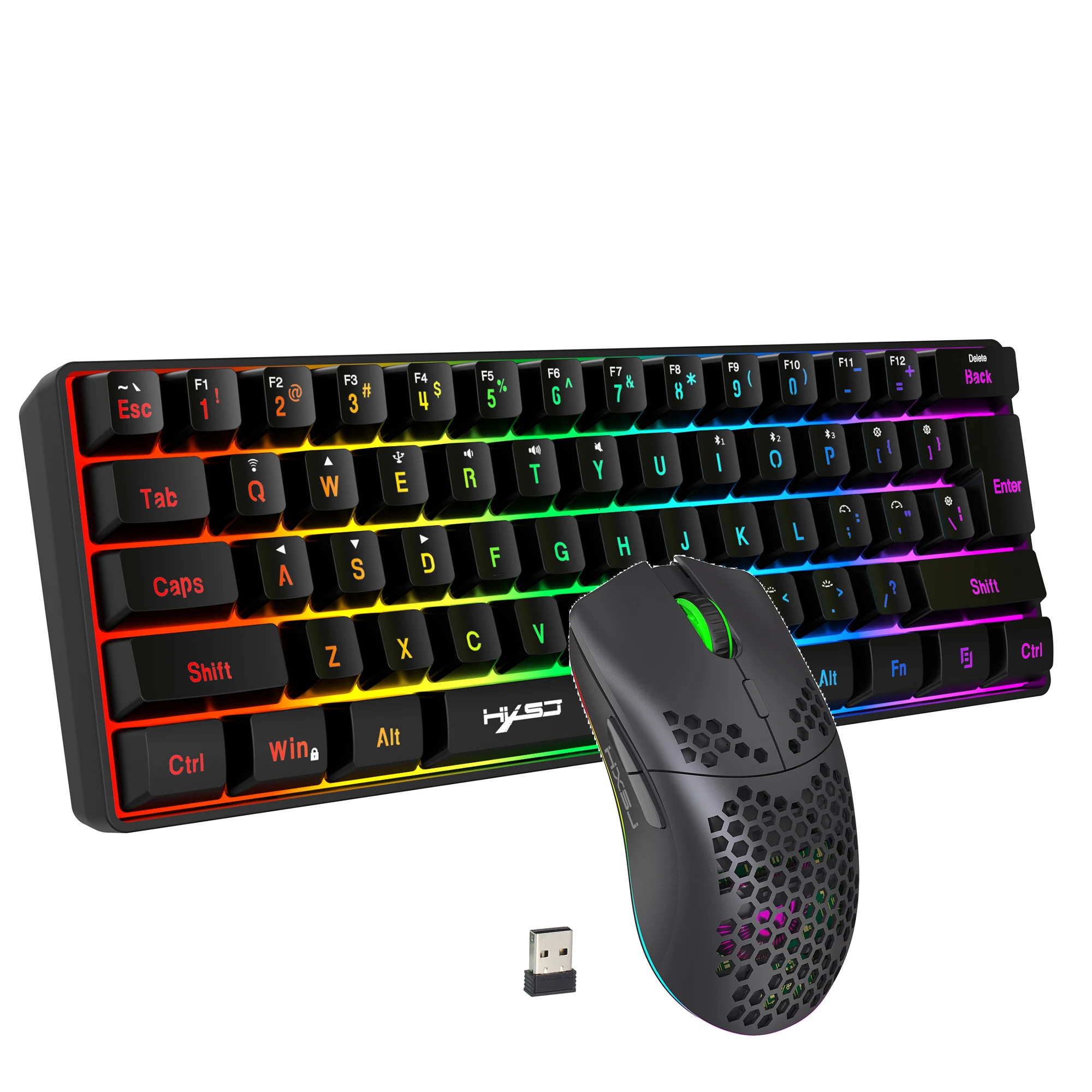 HXSJ 60% tastiera e mouse da gioco wireless combinati, batteria ricaricabile retroilluminata a LED da 2000 mAh, mini sensazione meccanica anti-ghosti