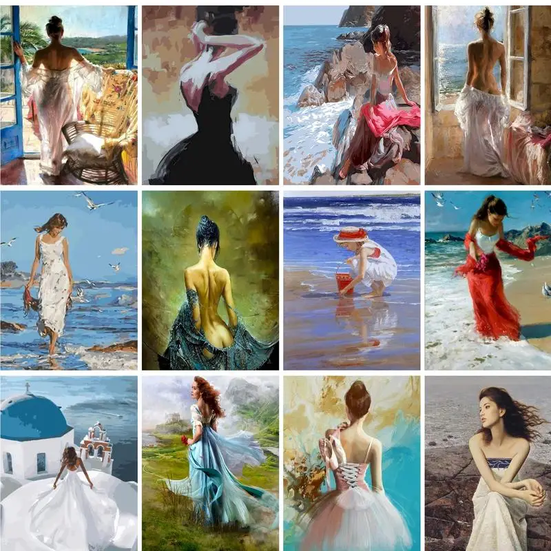 Gatyztory 60x75cm Gemälde von Zahlen Mädchen betrachten das Meer Landschaft malen nach Zahlen Rahmen Wohnkultur digitale Malerei auf ca.