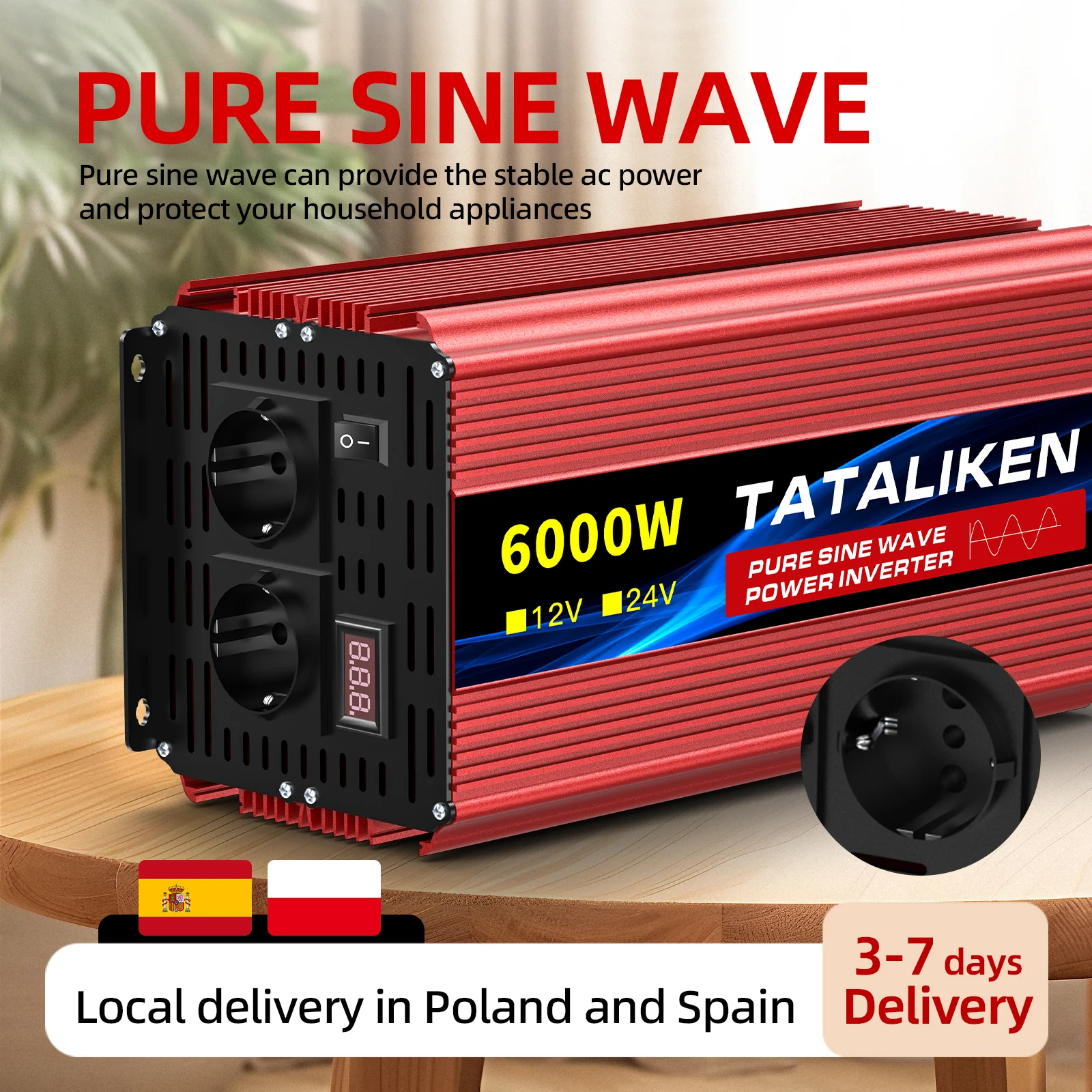 6000 W/8000 W/10000 W EU-Buchse 24 V zu AC 220 V 50 Hz reiner Sinus-Wechselrichter Auto-Stromversorgungsspannung tragbarer Konverter mit LED Image