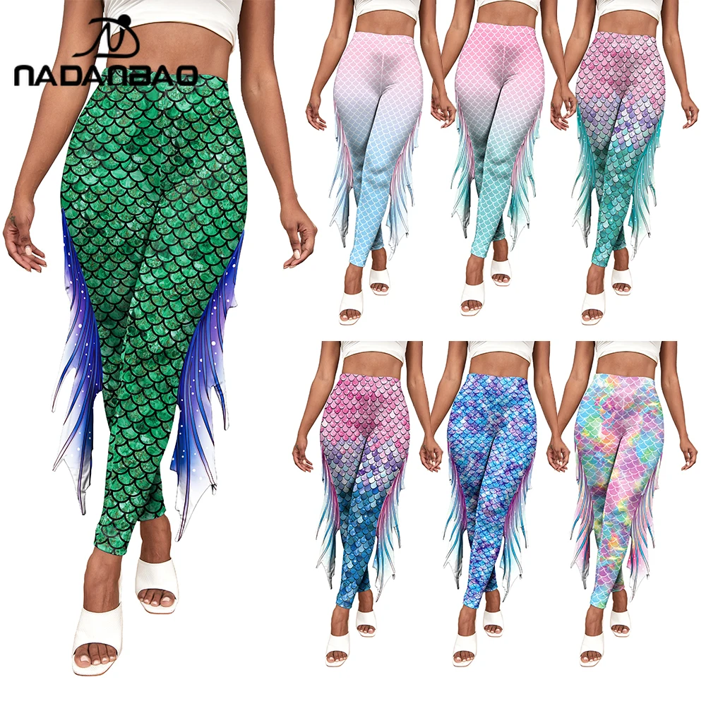 NADANBAO Damen-Leggings mit Meerjungfrau-Motiv, bedruckt, für Damen, Fischschuppen, 3D-Muster, Hose, mittlere Taille, modische Hose, Sommermode, Bademode Image