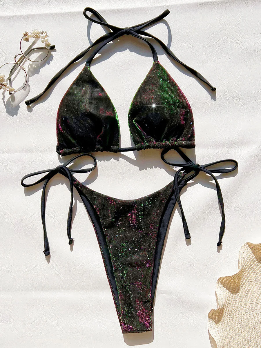 Sexy Shiny Gradient Lila Halter Strappy Bikini Weiblichen Badeanzug Frauen Bademode Zwei-stück Bikini Set Badende Badeanzug Schwimmen