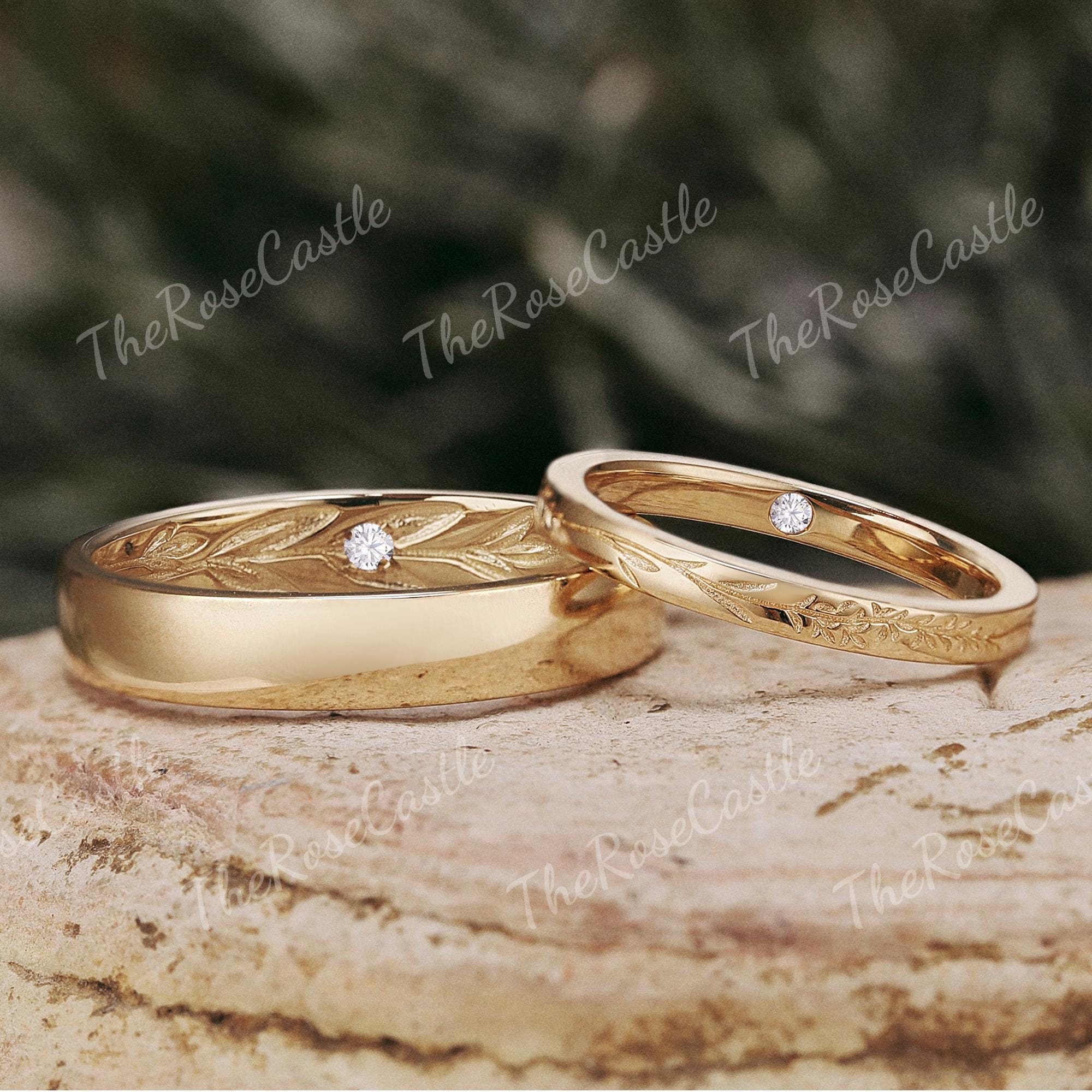 Set di 2 fedi nuziali in moissanite per coppia, anelli di coppia con foglia e ramo, fedi nuziali da uomo in oro massiccio per uomini e donne, regalo p