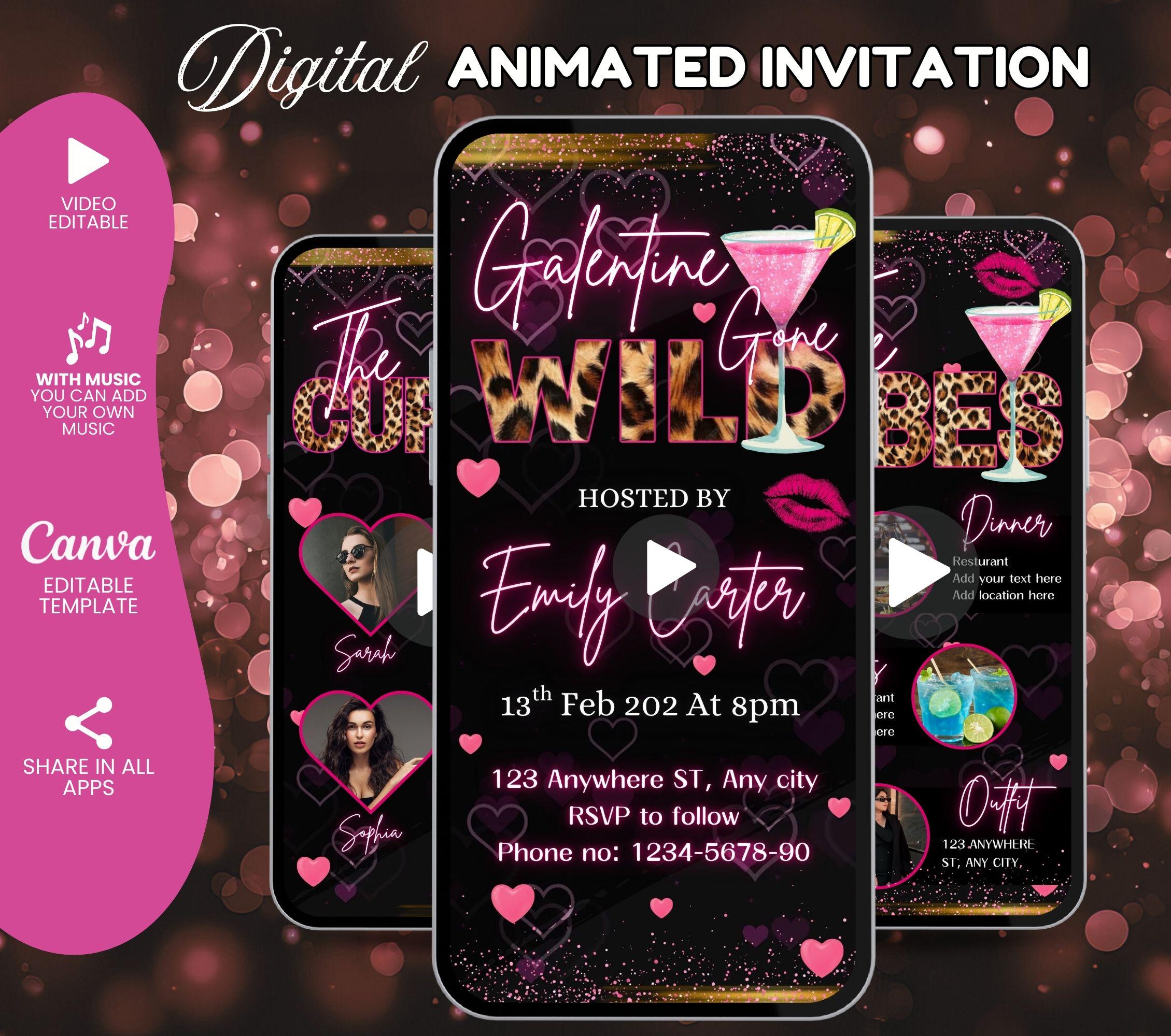 Invito digitale per la festa di San Valentino con tema Cheetah, invito per la serata tra ragazze Pink Galentines Gone Wild, invito per la serata tra r