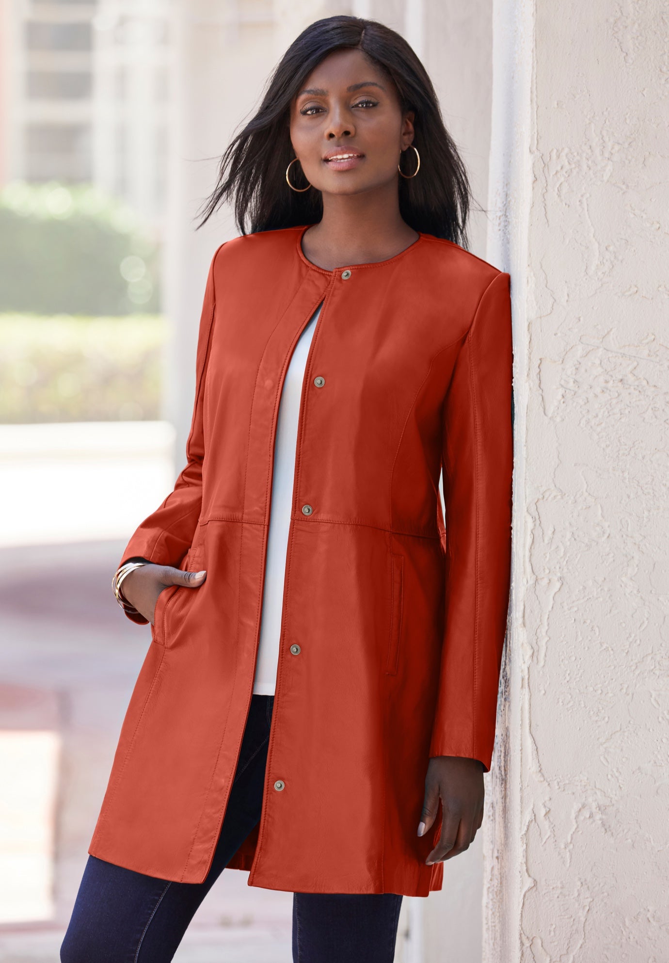 Plus Size Women's Three-Quarter Leather Jacket by Jessica London in Burnt Red (Size 16 W)