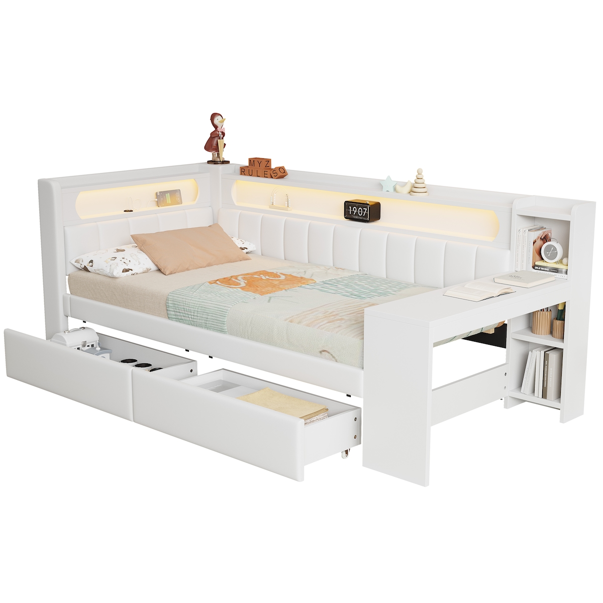 STILVORA Gepolstertes Daybed 90x200 cm mit USB-Anschlüssen und LED-Beleuchtung, Schreibtisch und 2 Schubladen in Weiß Image