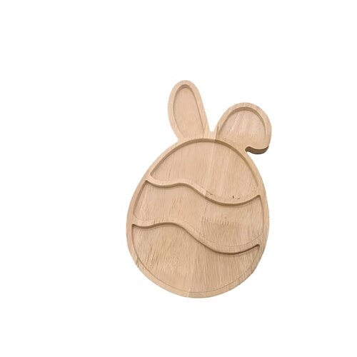 Holztablett in Eierform mit Hasenmotiv – Hasenohren mit Wellenstreifen Servierschale aus rustikalem, geöltem Gummibaumholz, ideal als Tischdekoration für Osterkörbe, Frühlingsdekoration oder als Image