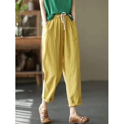 Damen Leinenähnliches Faux Baumwoll Leinen Hosen Sommerhosen Baggy Hosen Strandhosen Urlaub Mode Streetwear Knöchellang Hochbund Einfarbig Kordelzug Tasche Elastischer Bund Komfort Weich Image