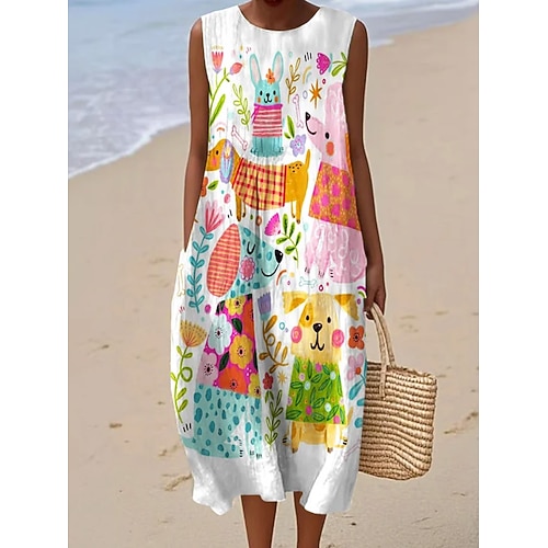 Damen Midi Kleid Leinenartige Sommerkleid Shift Kleid A-Linien Kleid Urlaub Lässig Boho Strand Ausgehen Lockere Passform Grafik Geometrisch Ärmellos Rundhals Weiß Sommer Frühling Image